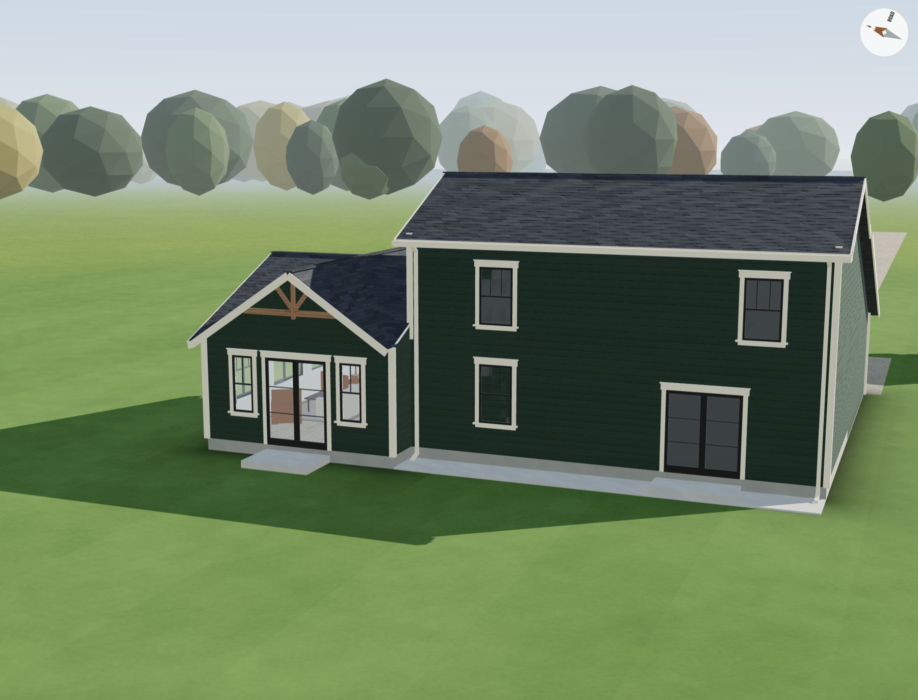3D model, side of the addition with french doors