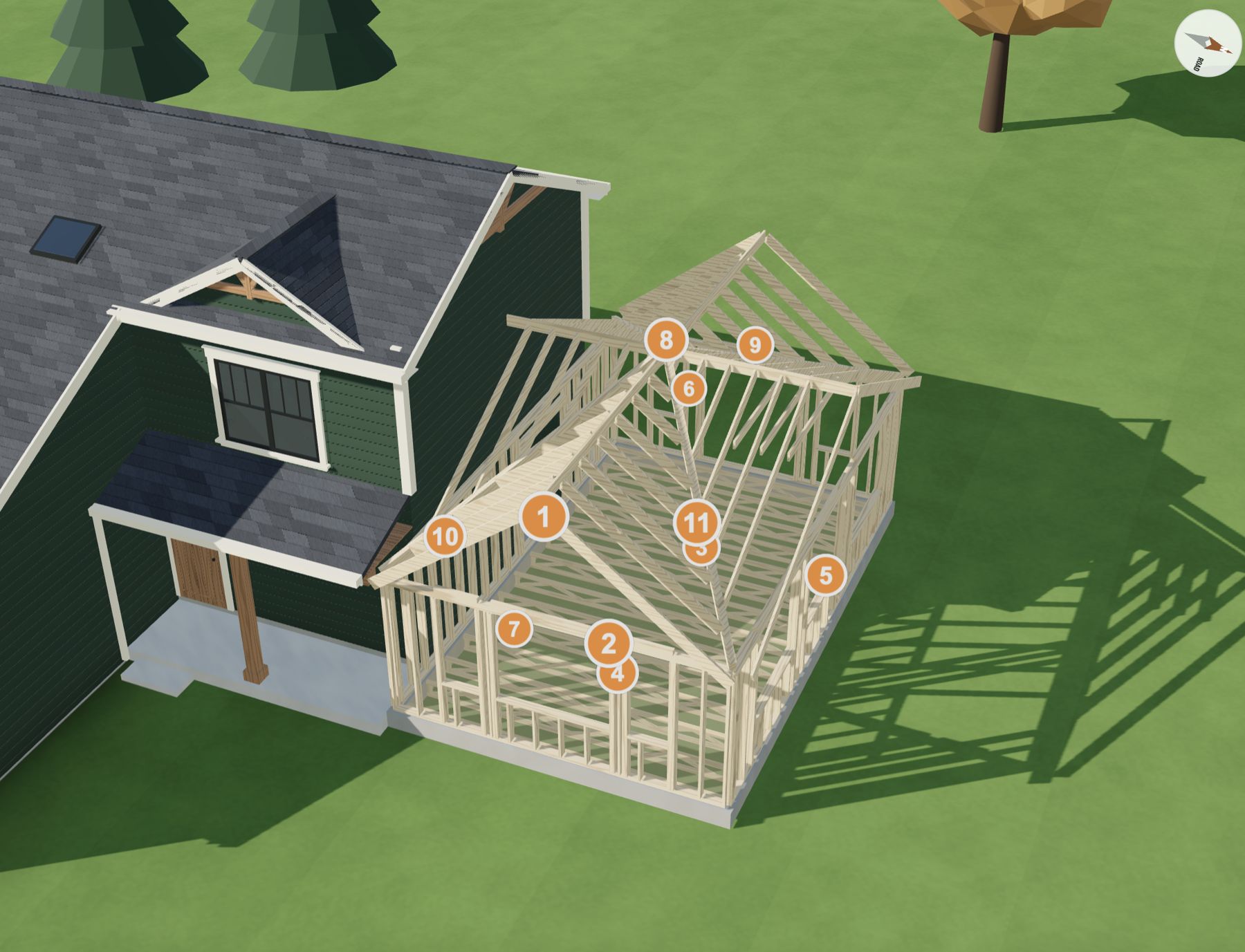 3D model, addition framing seen from above