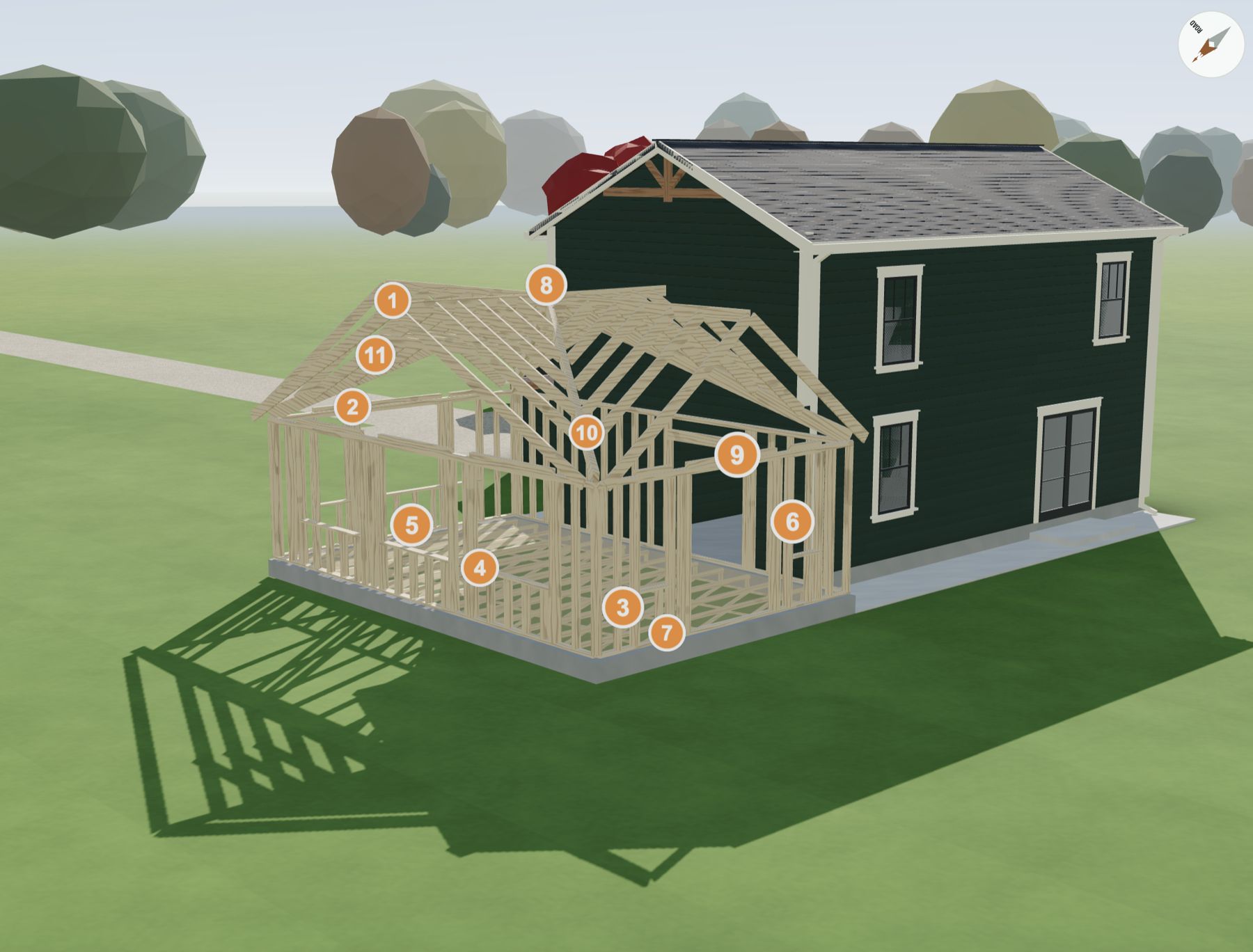 3D model, addition framing from the north end