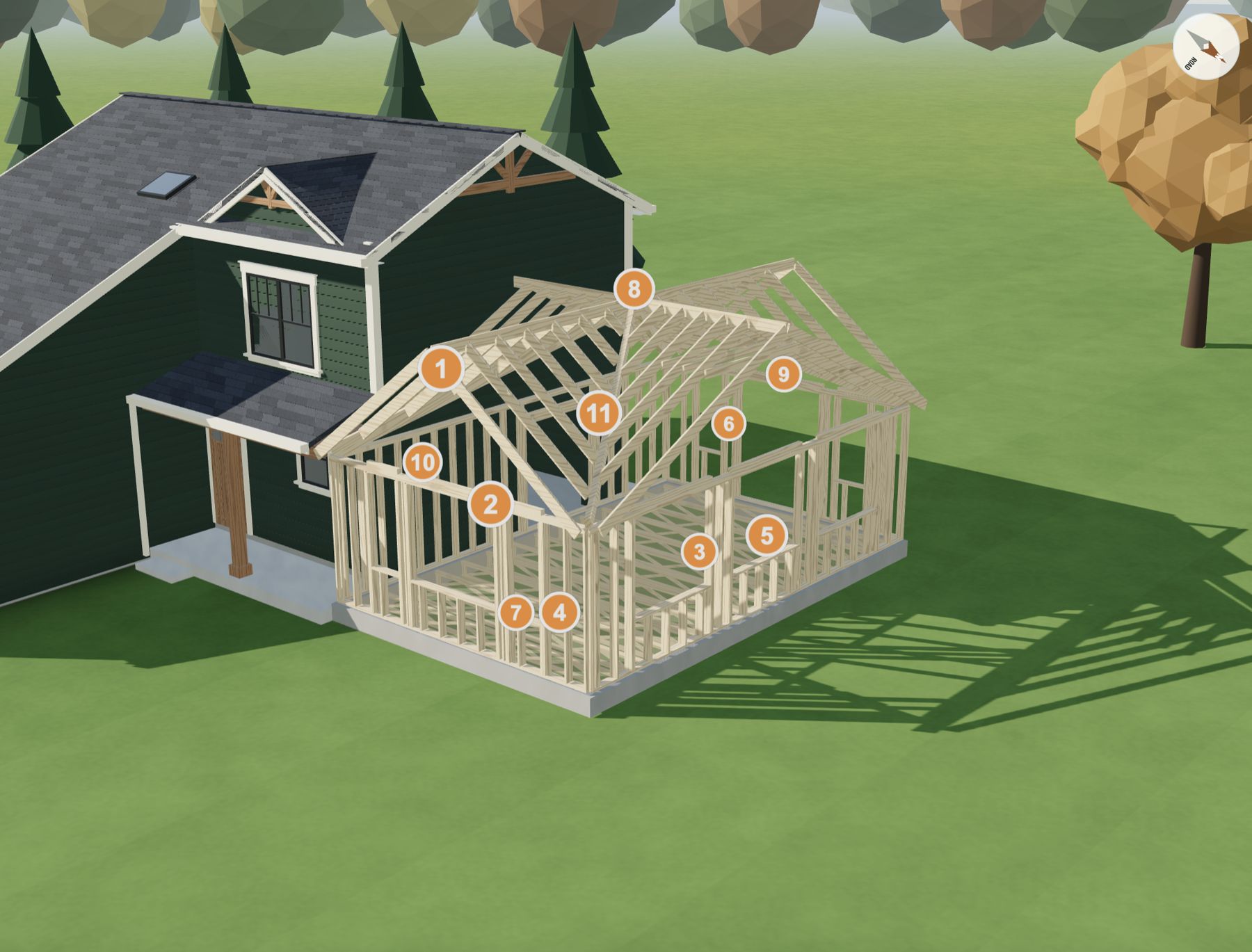 3D model, addition framing from a corner